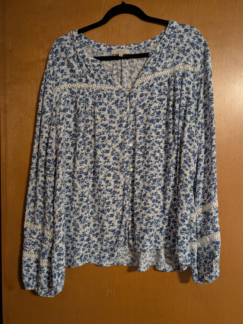 Angels Blue and White Floral Button-Front Blouse
